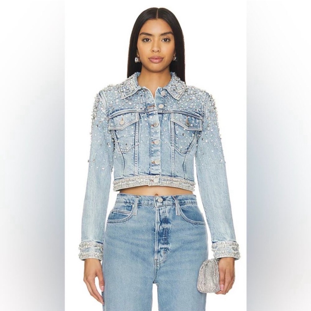 Alice + Olivia Nelson Embellished Cropped Denim Jacket XS (Bridal Bling) 💍